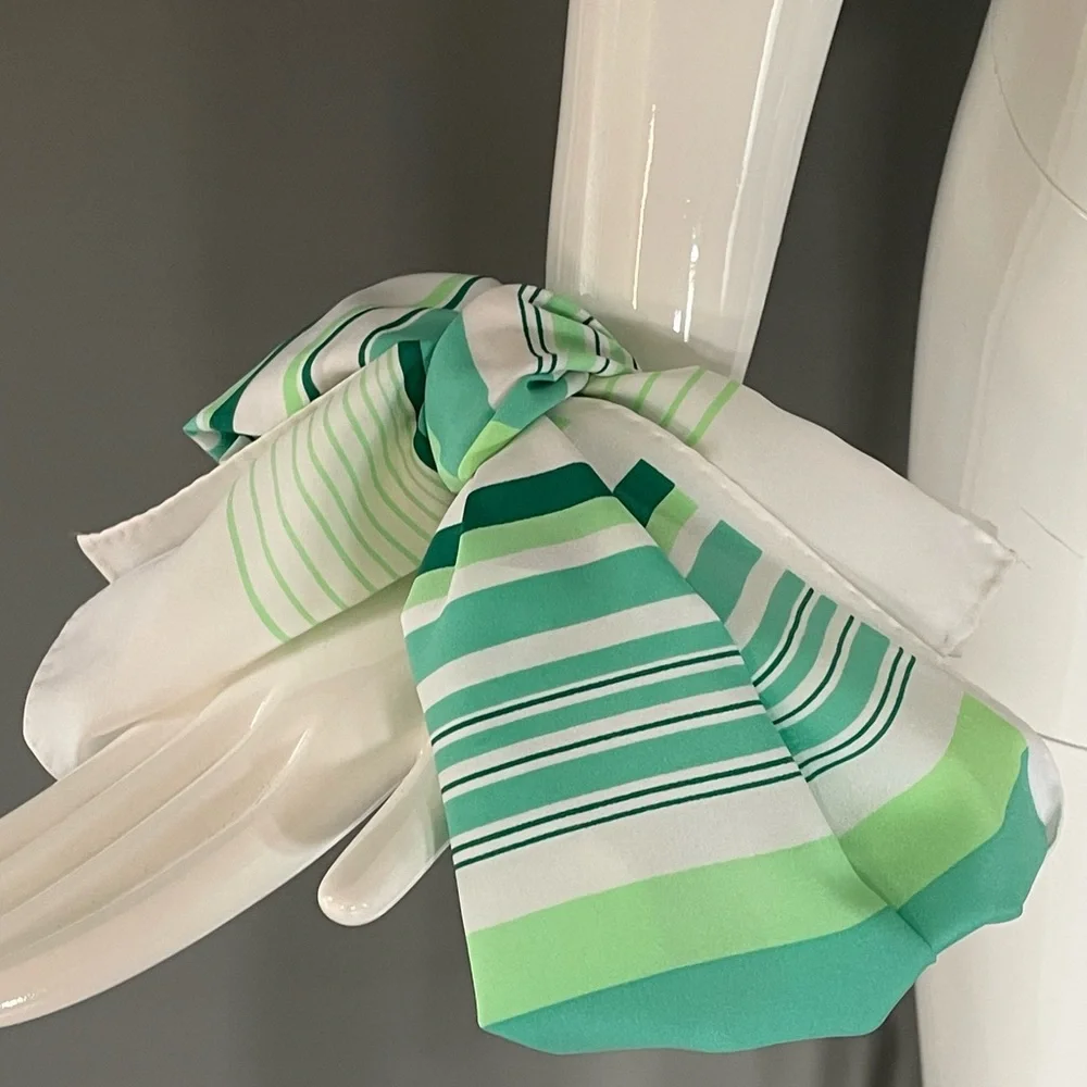 Super Cute Vintage Greens Stripes Poly Scarf 10 In by 46 Exc Condition